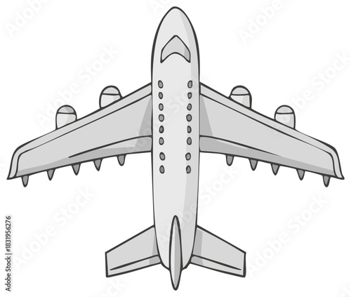 Top view of a cartoonish white passenger jet airplane with four engines on its wings, ready for flight.