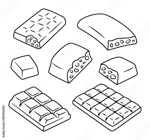 Hand-drawn illustration of various chocolate bars and pieces