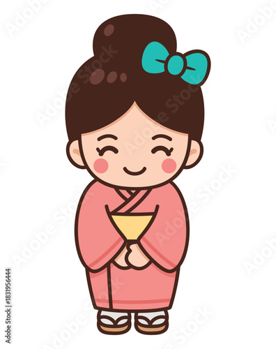 Cartoon Illustration of a Japanese Woman in Kimono