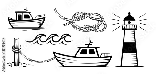 Nautical Icons Boats, Lighthouse, Waves, Rope, and Mooring Post
