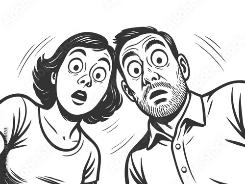 shocked Surprised married couple of parents looking downward sketch engraving generative ai fictional character vector illustration. Scratch board imitation. Black and white image.