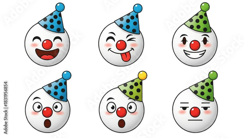 Joyful cartoon characters in colorful party hats expressing a variety of emotions and playful moods