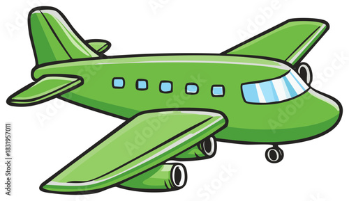 Bright green cartoon passenger airplane illustration for travel and transportation concepts