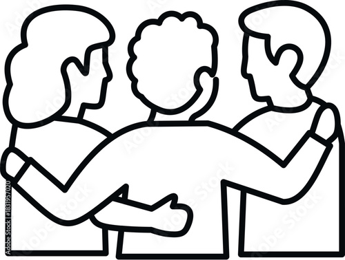 Three people standing in a group hug, showing unity and mutual support