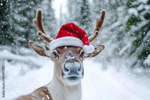 Funny Christmas selfie with reindeer wearing red Santa hat in snowy winter forest.