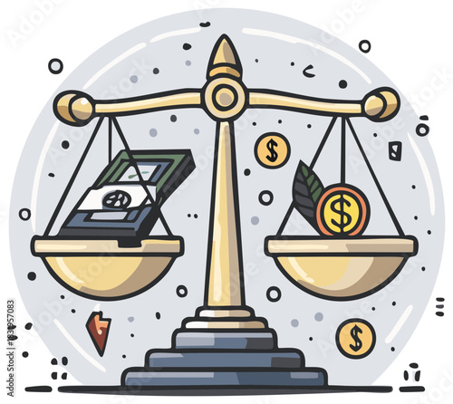 Vintage style scales balancing stack of money with single coin and leaf