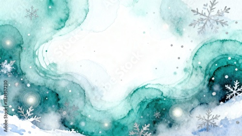 Abstract winter watercolor background with snowflakes and swirls  