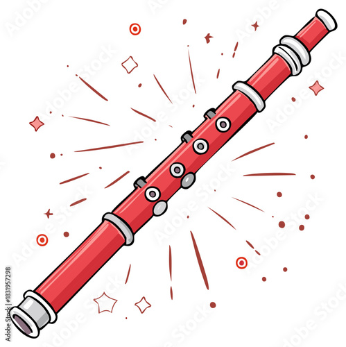 Illustration of a red and white clarinet, woodwind instrument graphic with hand drawn style, musical artwork