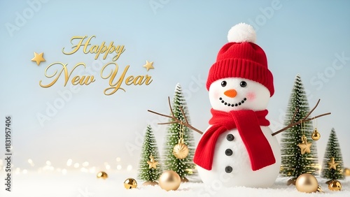 Festive snowman scene with trees, perfect for New Year greetings
