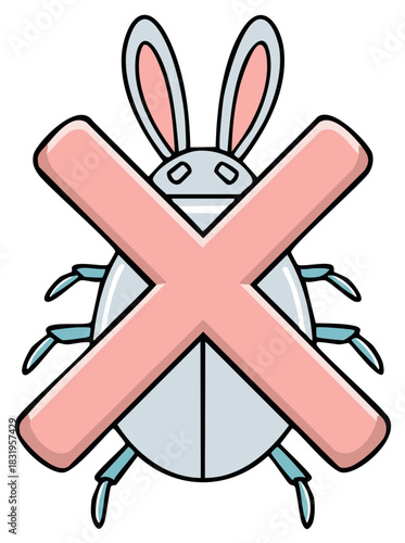 Cartoon hybrid creature insect animal with rabbit ears and cross symbol, cartoon eradication concept illustration with outline