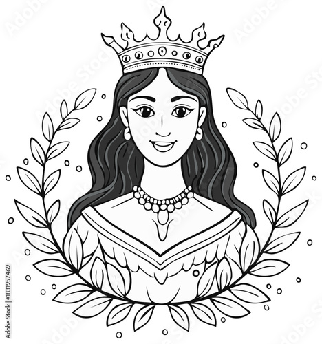 Illustrated portrait of a queen with a crown, necklace, and laurel wreath vector graphics