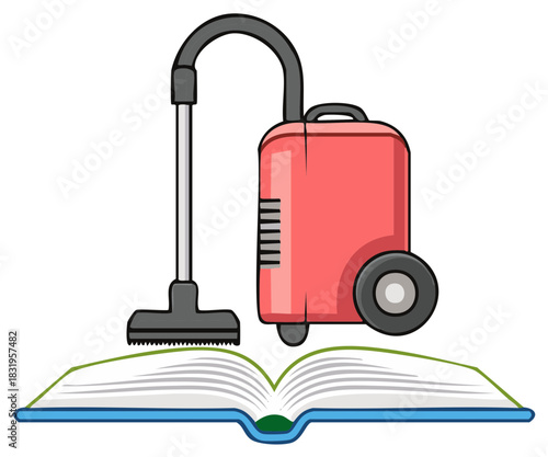 Vector illustration of a red canister vacuum cleaner hovering over an open book