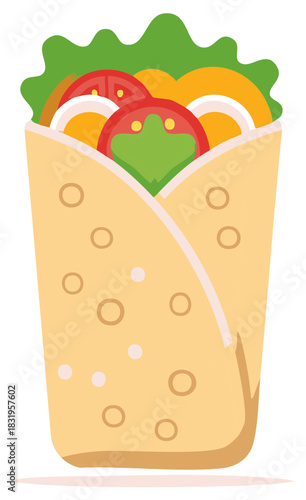 Colorful Vector Wrap Flatbread Sandwich with Lettuce Tomatoes and Onions