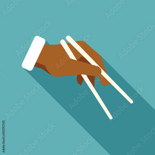Hand holding chopsticks in a flat design illustration with a long shadow