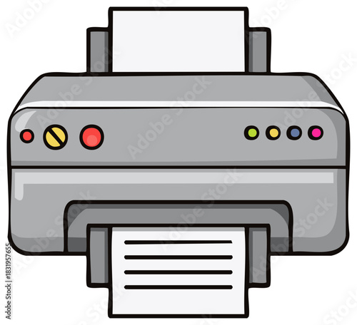 Cartoon illustration of a printer with paper coming in and out.