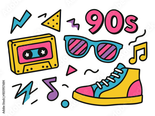 Vibrant 1990s themed cartoon illustration featuring cassette tape, sunglasses, sneaker, and music symbols in bright pop art style. Generative ai vector colorful pop art illustration.