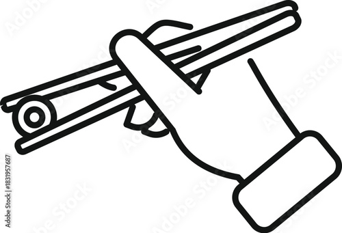 Human hand holding a sushi maki with chopsticks, line art icon