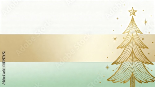 Festive Christmas tree illustration with gold accents on pastel background  