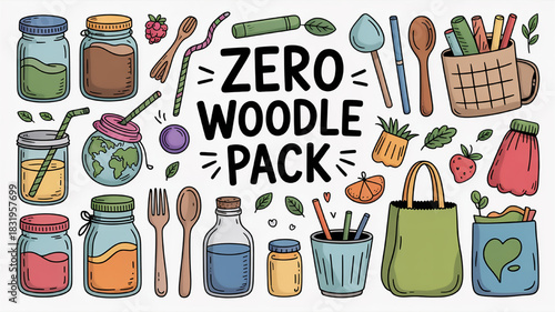 Zero waste lifestyle elements hand-drawn vector illustration of reusable items eco-friendly concept for sustainable living