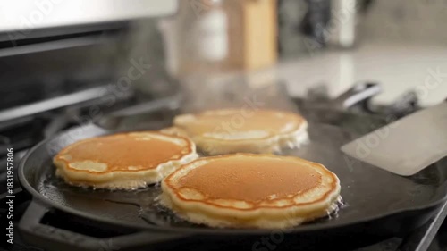 Golden pancakes cooking on a cast iron griddle, steam rising from the delicious breakfast.
