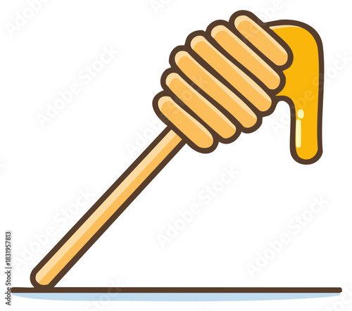 Wooden honey dipper with flowing sweet liquid, yellow, cartoon style