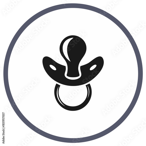 Icon of a baby pacifier inside a gray circular frame. Simple graphic illustration.
