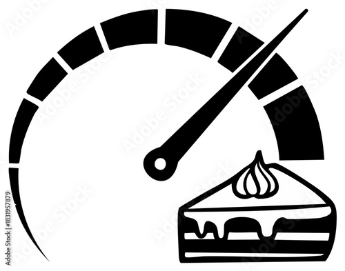 Graphic illustration of a measurement dial with a dessert cake slice indicating excess