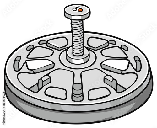 Gray mechanical disc with a large central threaded bolt, vector illustration of an industrial component