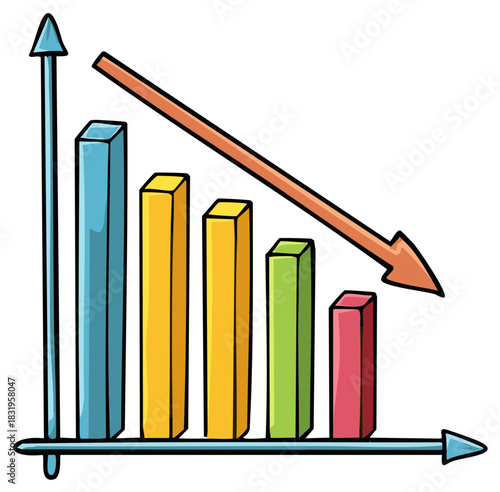 Colorful bar chart showing a sharp decrease with an orange downward arrow illustrating business decline or loss