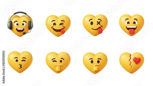 Various yellow heart emojis representing different emotions and expressions in a set