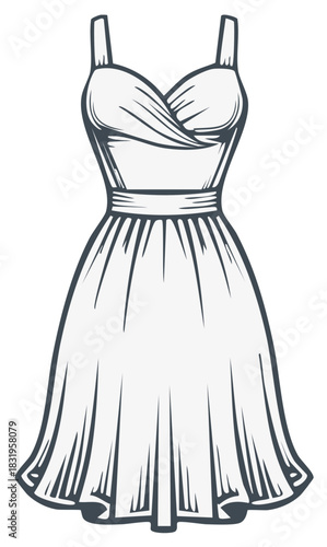 Elegant retro A line sundress with sweetheart neckline line art illustration