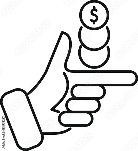 Hand holding and balancing a stack of dollar coins with a pointing finger