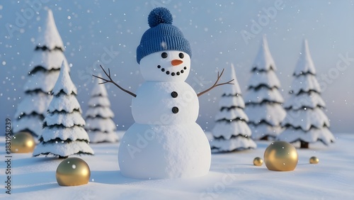 Festive Snowman in a Winter Wonderland Surrounded by Golden Baubles and Snow-Covered Trees