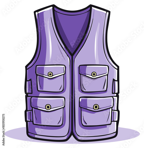 A vibrant purple multi pocket utility vest for outdoor activities cartoon vector illustration