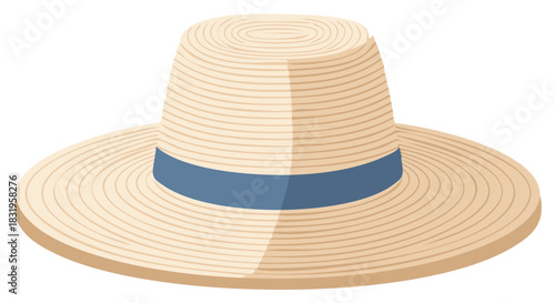 Light beige straw sun hat with a distinct blue ribbon band, a classic summer fashion accessory.