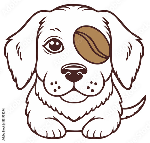 Cute dog wearing a coffee bean over its eye in a fun cartoon style