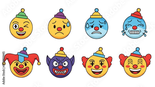 Collection of cartoon emoji faces with hats and clown makeup expressing different emotions