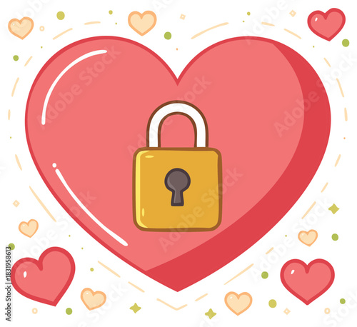 Golden padlock secured on a large pink heart surrounded by small hearts and decorative elements