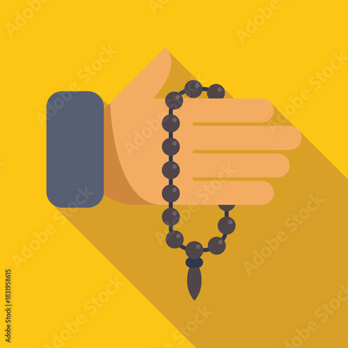 Human hand holding prayer beads used for religious practice and meditation