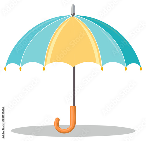 Vibrant blue and yellow open umbrella with orange curved handle, simple vector illustration.