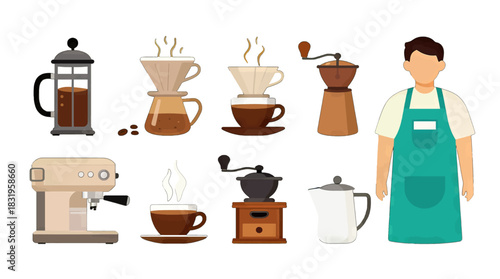 Barista and coffee brewing equipment in a flat illustration style