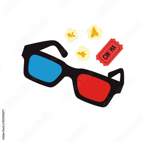 3D glasses with popcorn and cinema ticket
