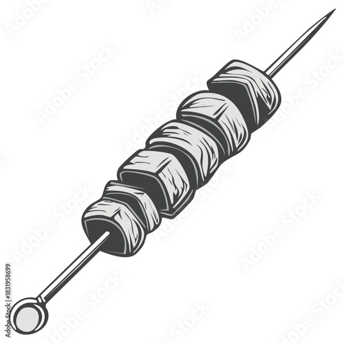 Black and white drawing of meat cubes on a skewer, vintage style food illustration