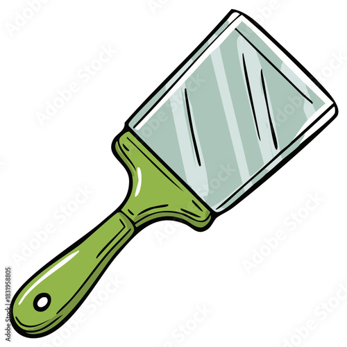 Cartoon style putty knife or paint scraper tool with green handle vector illustration for renovation and DIY projects