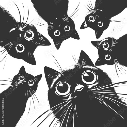 Adorable group of curious black cats with big eyes peering downward sketch engraving generative ai fictional character vector illustration. Scratch board imitation. Black and white image.