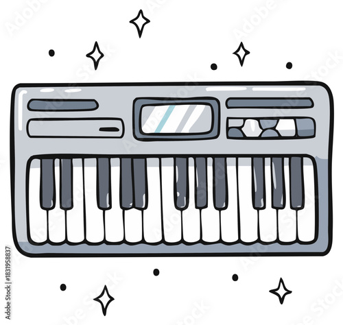 Playful Cartoon Electronic Keyboard Illustration with Musical Sparkles and Piano Keys