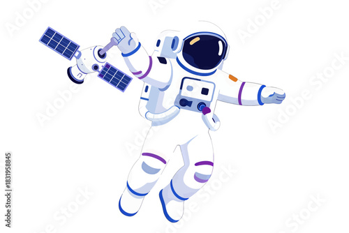 Astronaut in white spacesuit holding a satellite