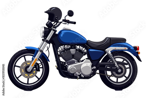 Blue cruiser motorcycle with black helmet and details