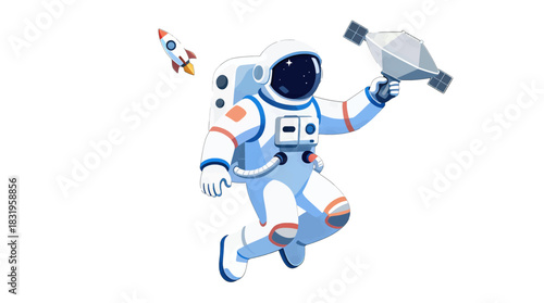 Astronaut holding satellite and rocket in playful illustration