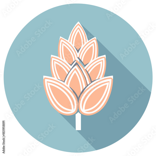 Stylized Hops Cone Icon with Long Shadow on Teal Circle Background